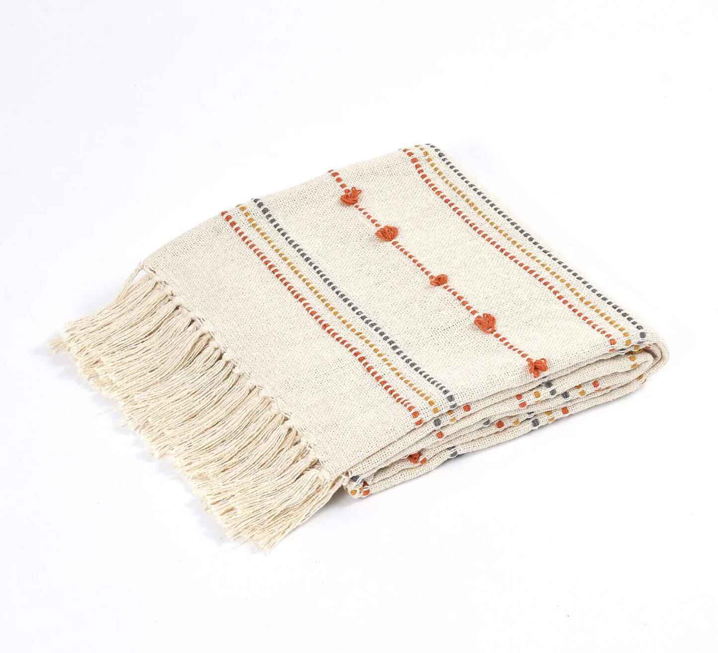 Hand Woven Cream Throw Blanket Striped with Tufts and Tassels