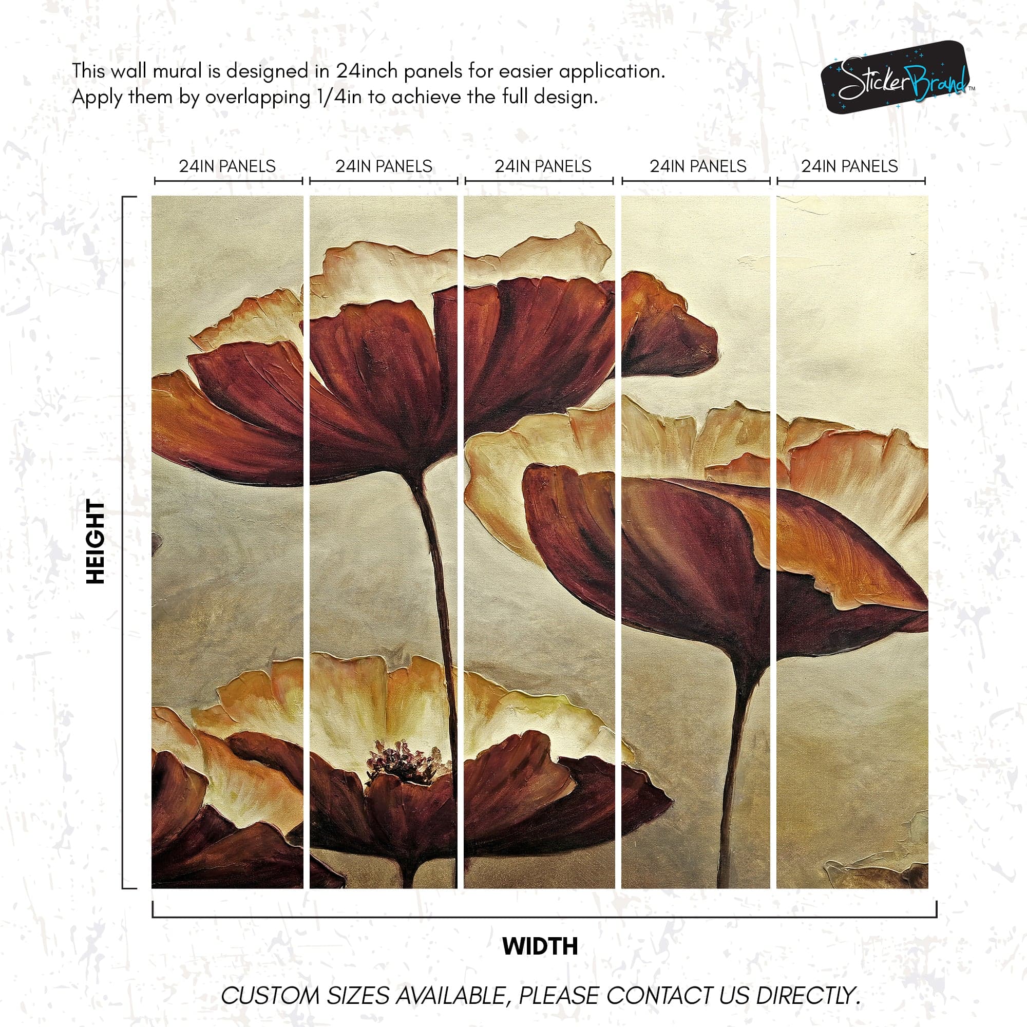 Sepia Poppies Flower Wall Mural. Vintage Botanical Wallpaper. #6155