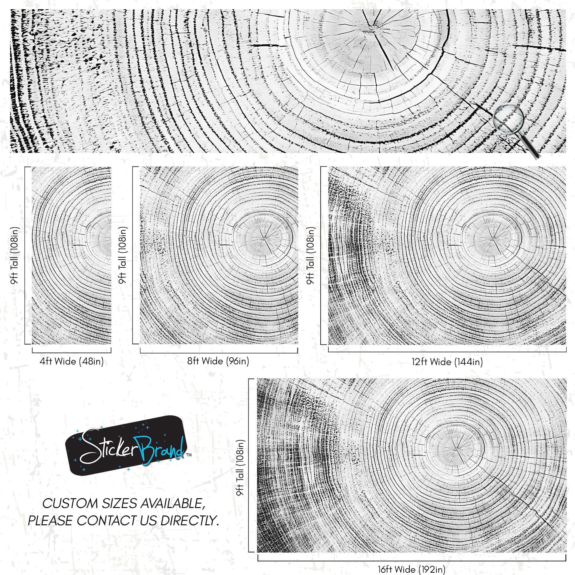 Tree Rings Wallpaper Mural. Black and White Modern Wood Grain Circle Pattern. #7022