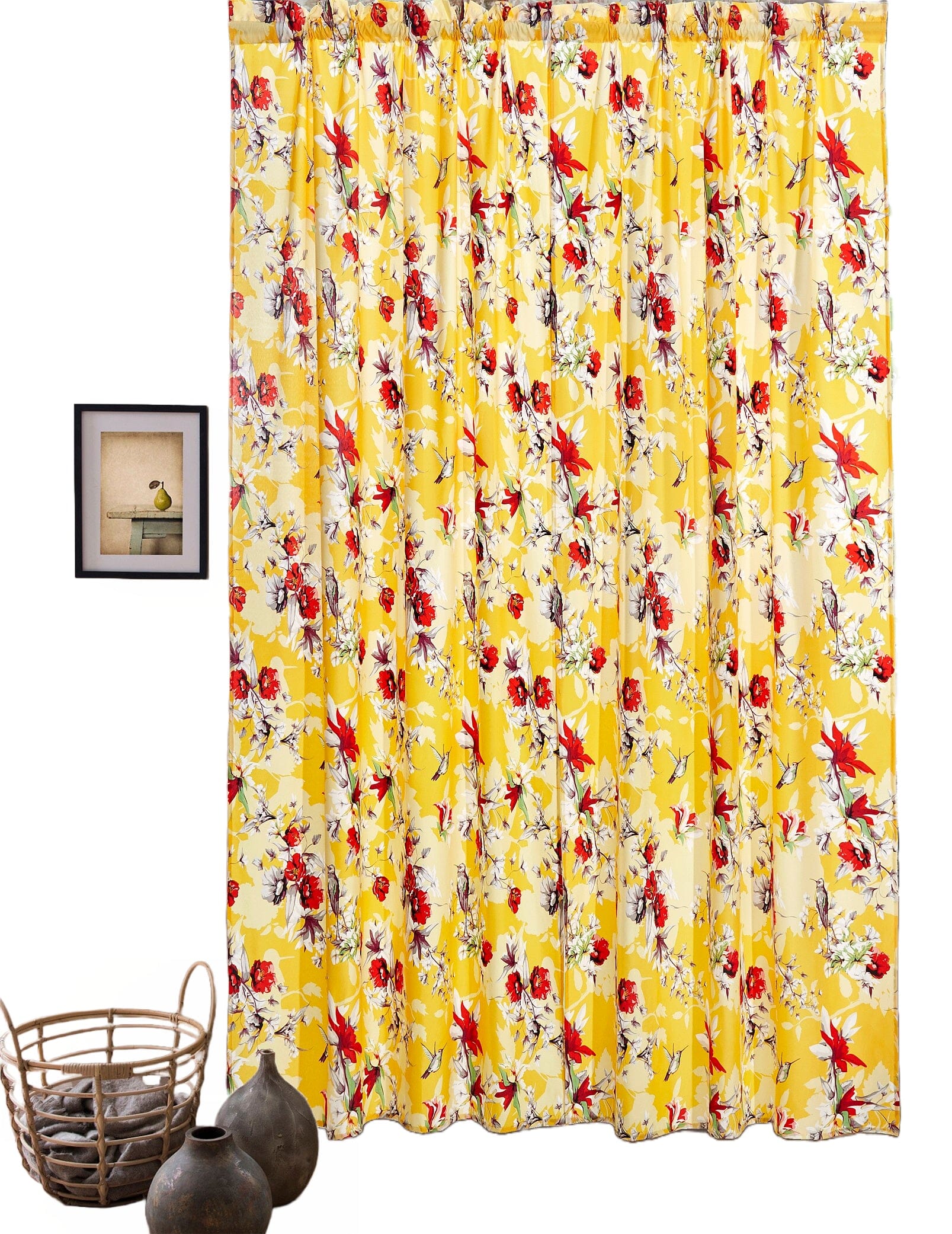 DaDa Bedding Set of 2 Radiant Sunshine Yellow Floral Window Curtain Panels - Natural Semi Sheer Hummingbirds Farmhouse Red Flowers Straight Tailored Edge