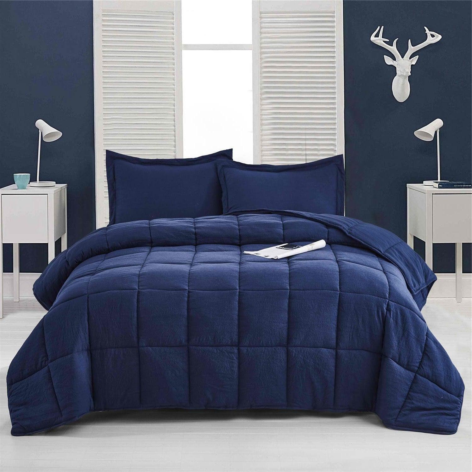 Queen Size Navy 3 Piece Microfiber Reversible Comforter Set - PRHOMZ