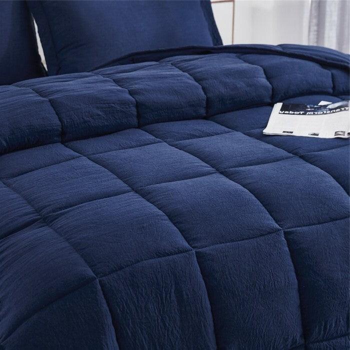 Queen Size Navy 3 Piece Microfiber Reversible Comforter Set - PRHOMZ