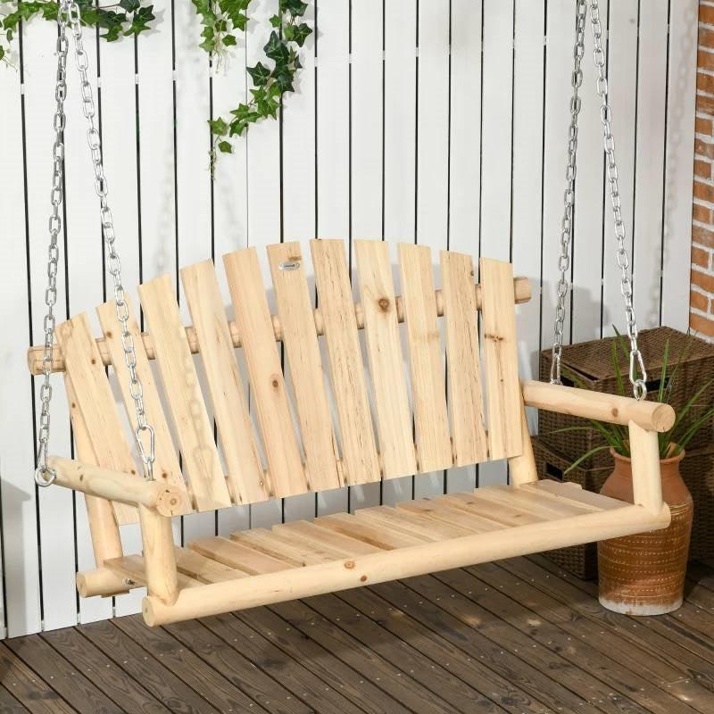 Natural Wooden 2-Seater Hanging Outdoor Porch Swing - PRHOMZ