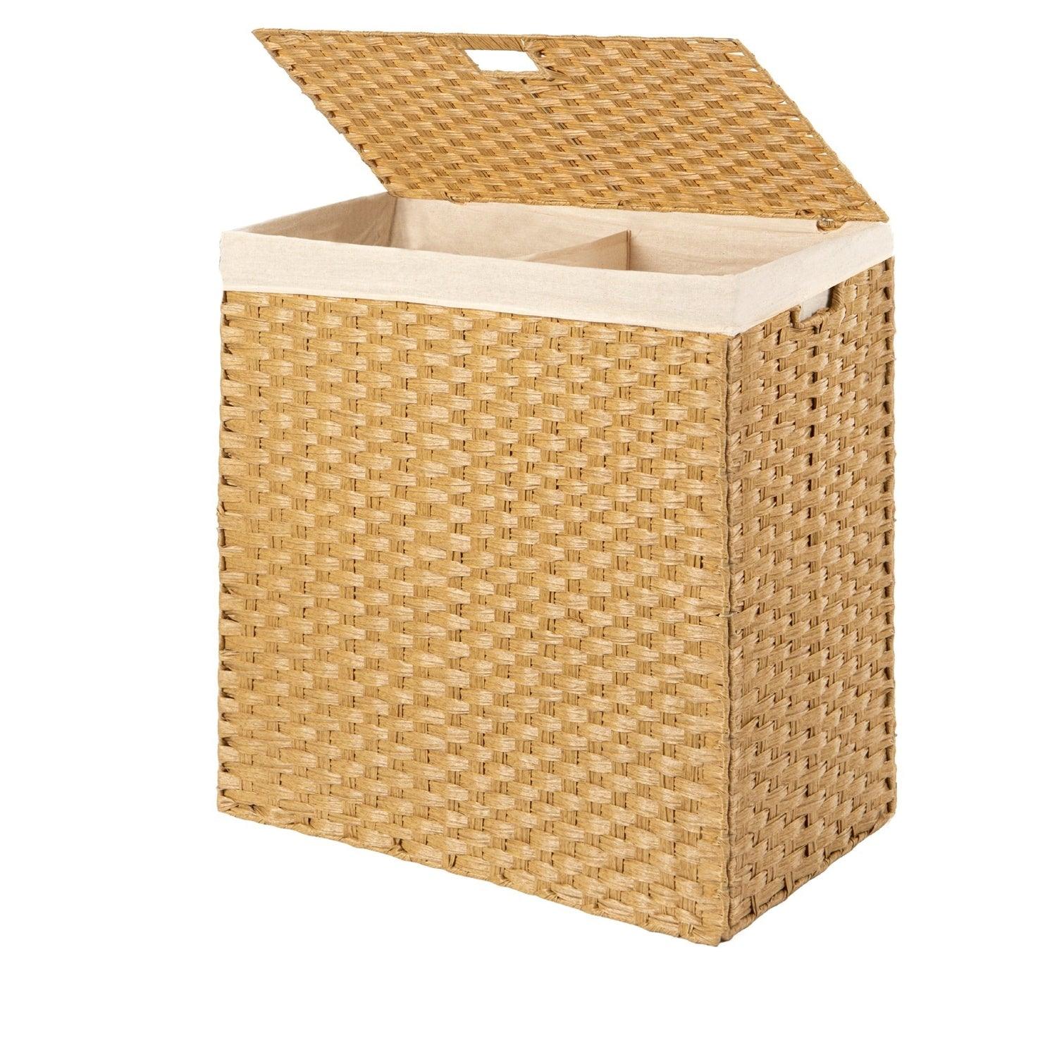 Folding 2-Bin Natural PE Wicker Linen Liner Laundry Hamper w/ Handles - PRHOMZ