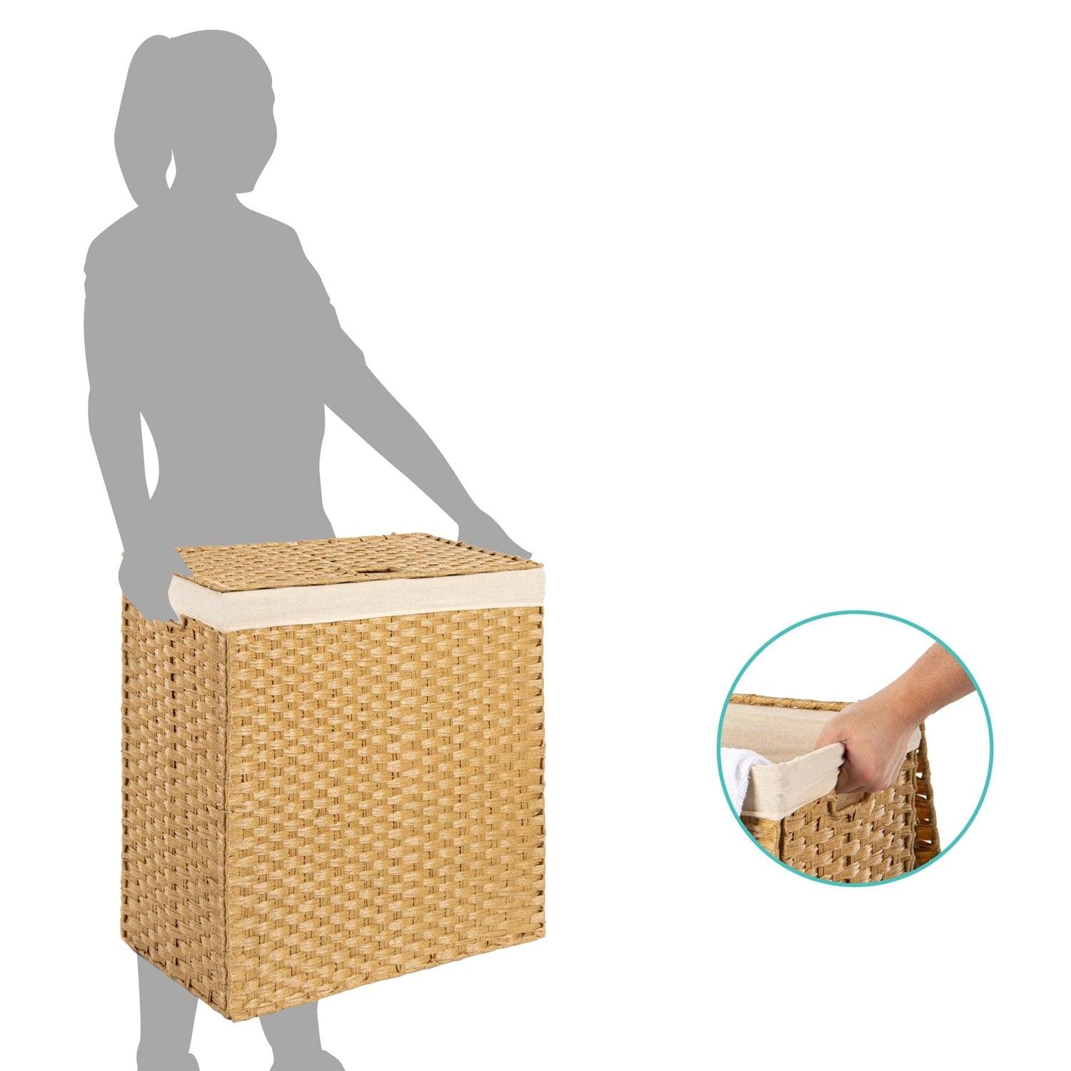 Folding 2-Bin Natural PE Wicker Linen Liner Laundry Hamper w/ Handles - PRHOMZ