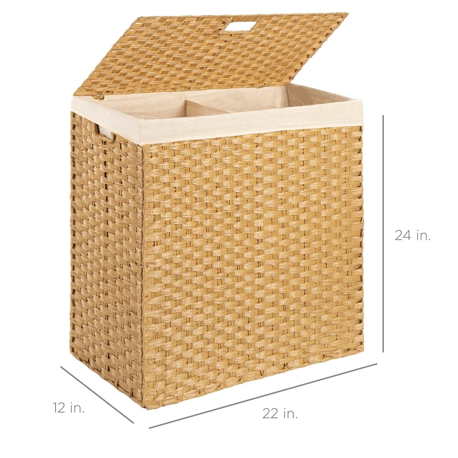 Folding 2-Bin Natural PE Wicker Linen Liner Laundry Hamper w/ Handles - PRHOMZ