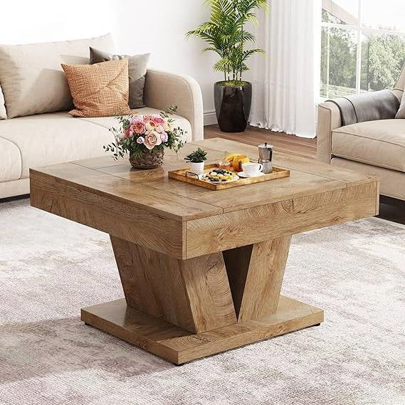 Modern Farmhouse Style Square Coffee Table in Natural Wood Finish-0