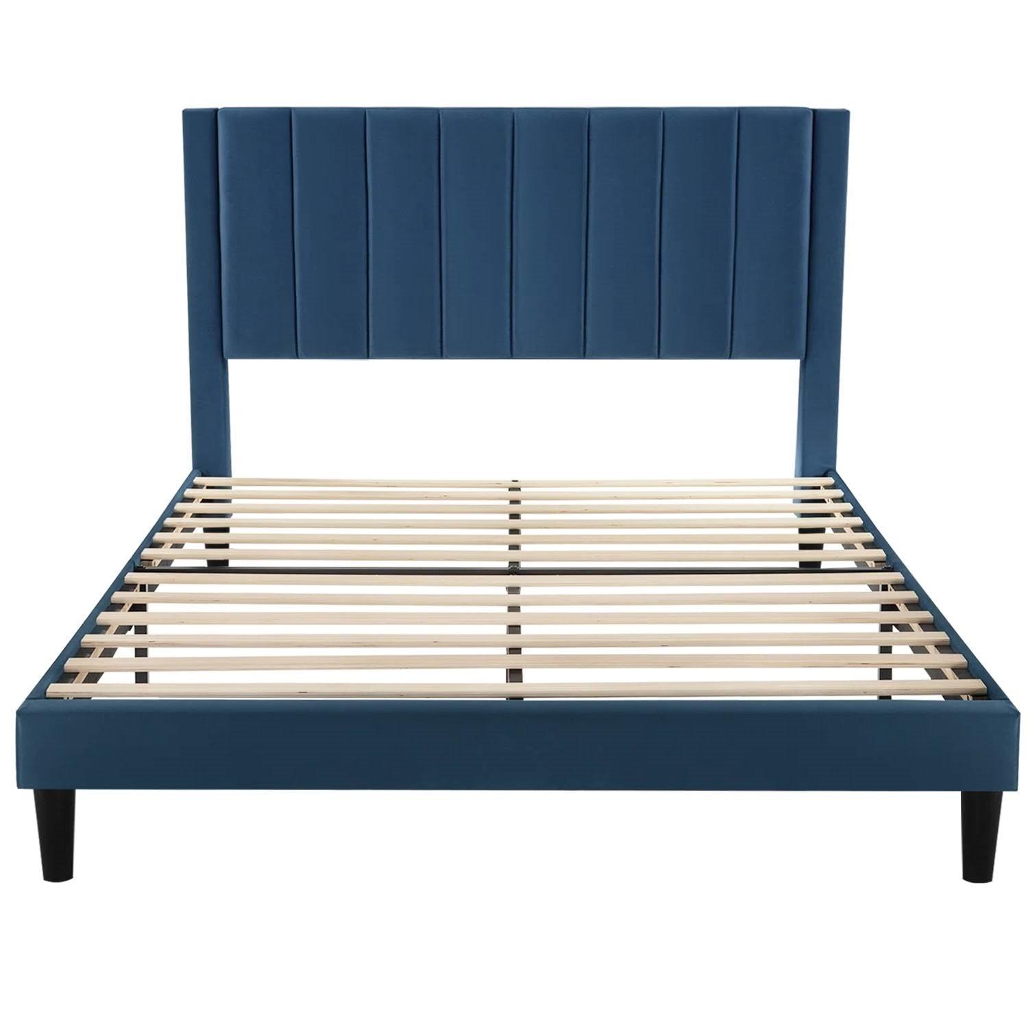 Queen size Modern Navy Blue Velvet Upholstered Platform Bed with Headboard - PRHOMZ