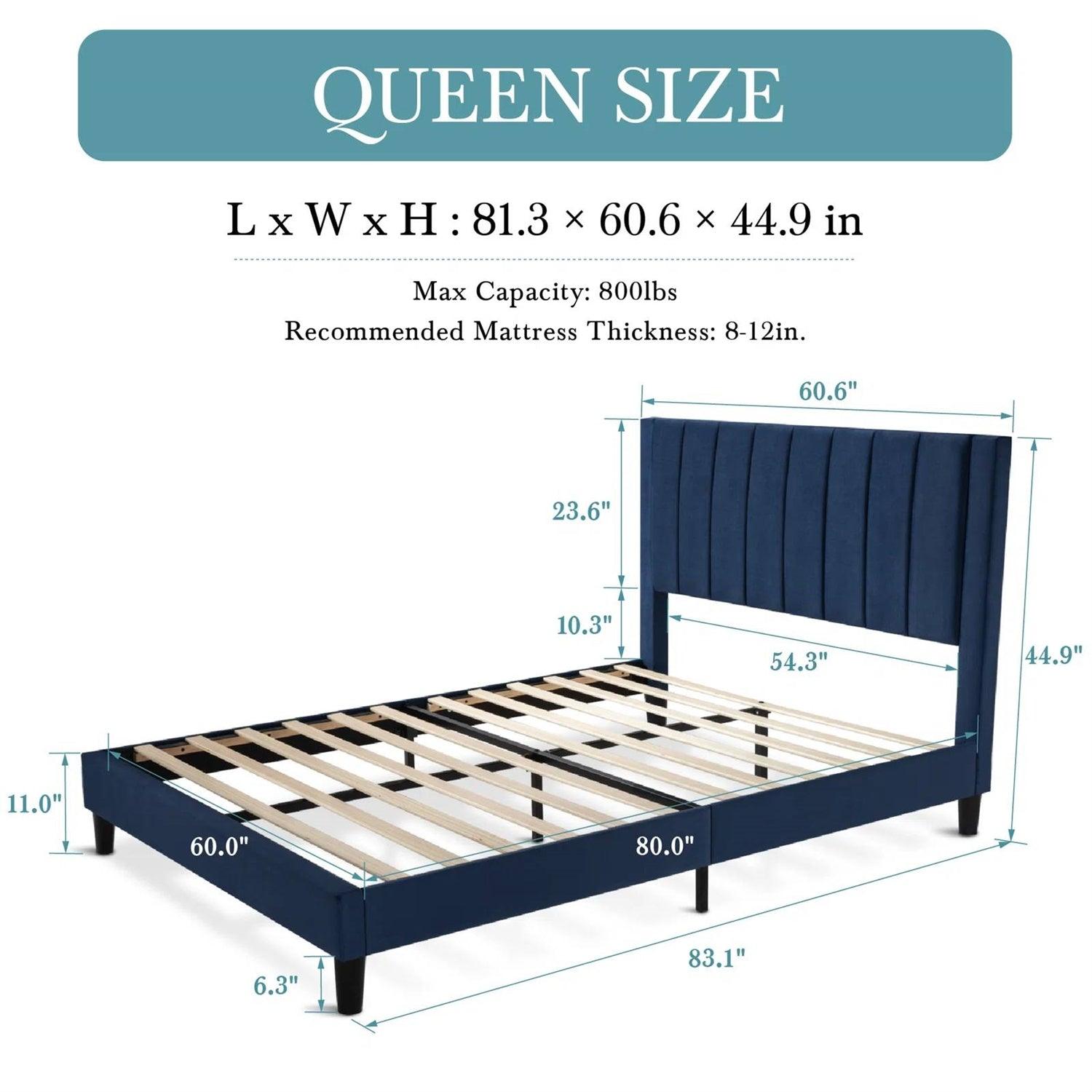 Queen size Modern Navy Blue Velvet Upholstered Platform Bed with Headboard - PRHOMZ
