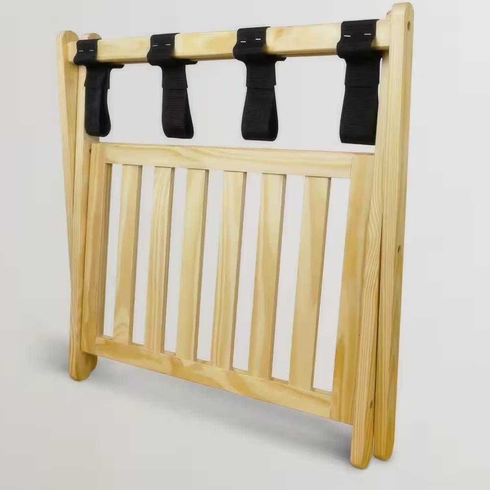 Solid Wood Luggage Rack with Bottom Storage Shelf in Natural with Black Straps - PRHOMZ