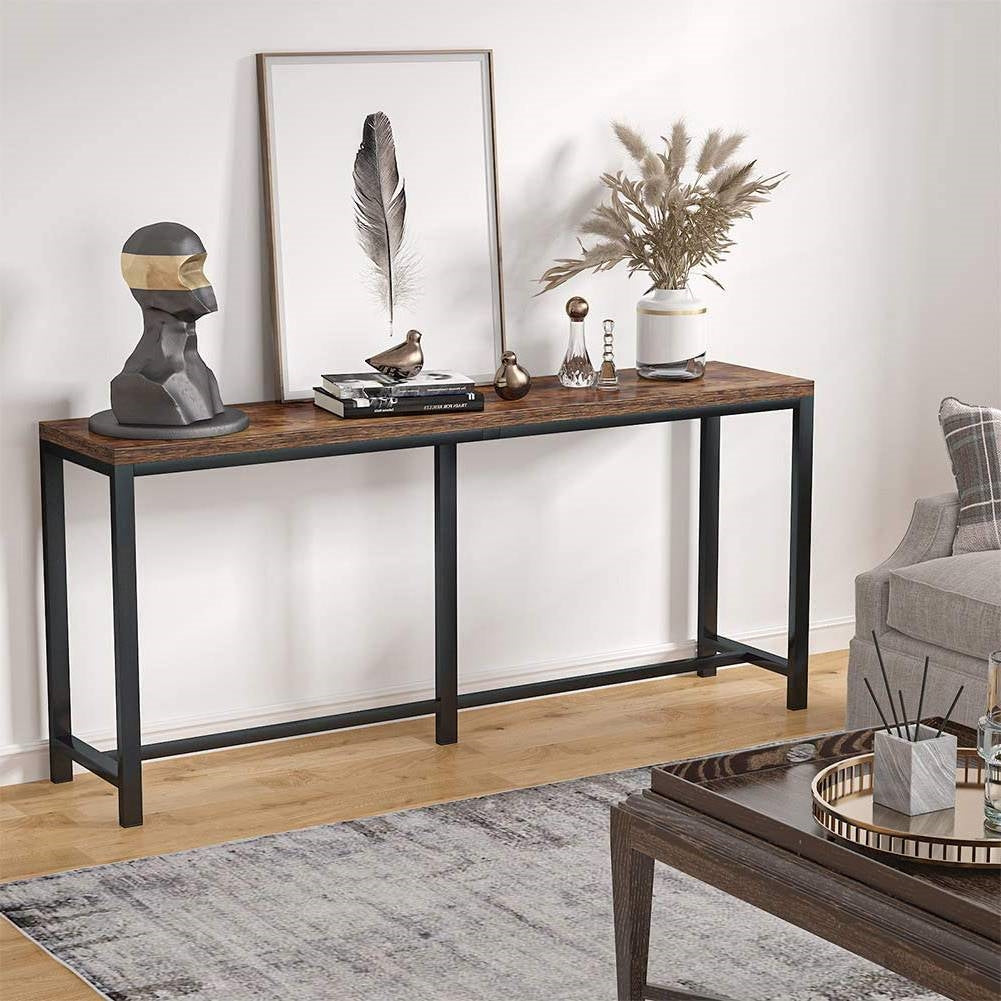 70-inch Long Narrow Hallway Sofa Table with Wood Top and Black Metal Frame-2