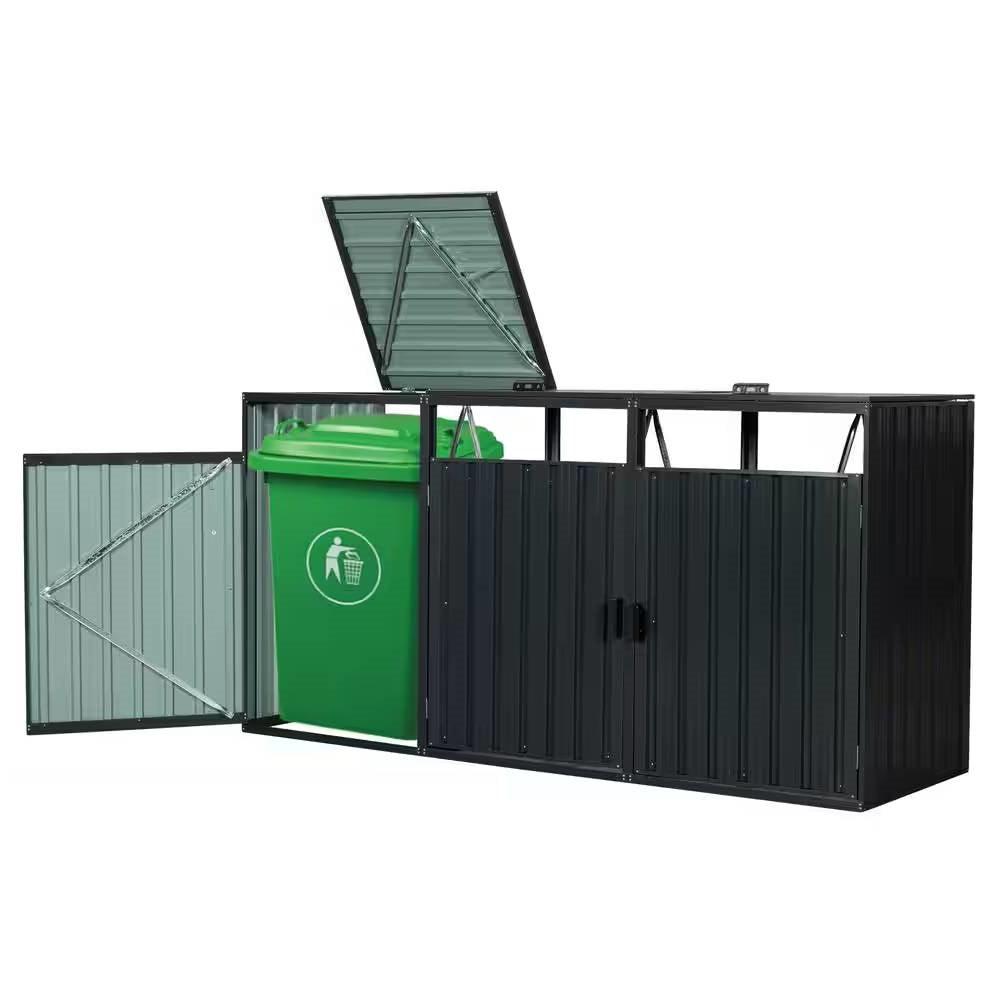Outdoor Black Galvanized Steel Garbage Bin Storage Shed - Holds 3 Trash Cans - PRHOMZ