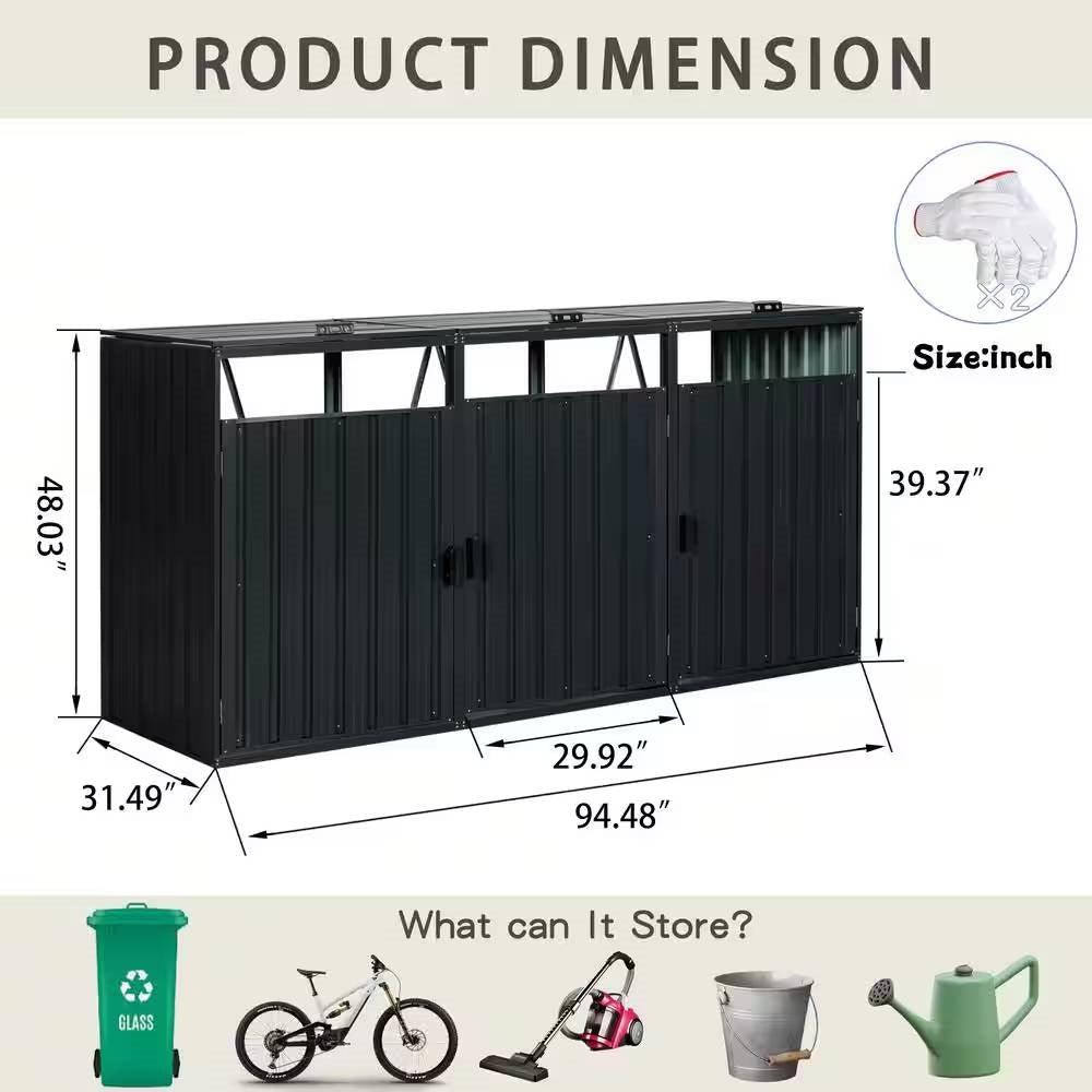 Outdoor Black Galvanized Steel Garbage Bin Storage Shed - Holds 3 Trash Cans - PRHOMZ