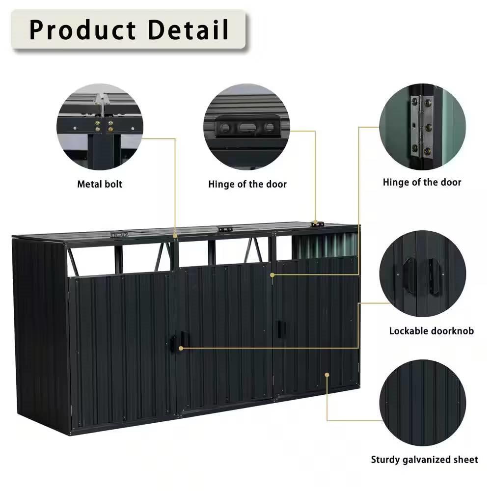 Outdoor Black Galvanized Steel Garbage Bin Storage Shed - Holds 3 Trash Cans - PRHOMZ