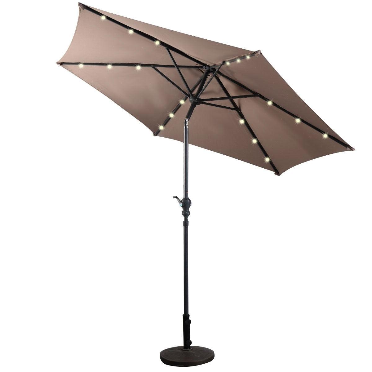 Tan 9-Ft Patio Umbrella with Steel Pole Crank Tilt and Solar LED Lights - PRHOMZ