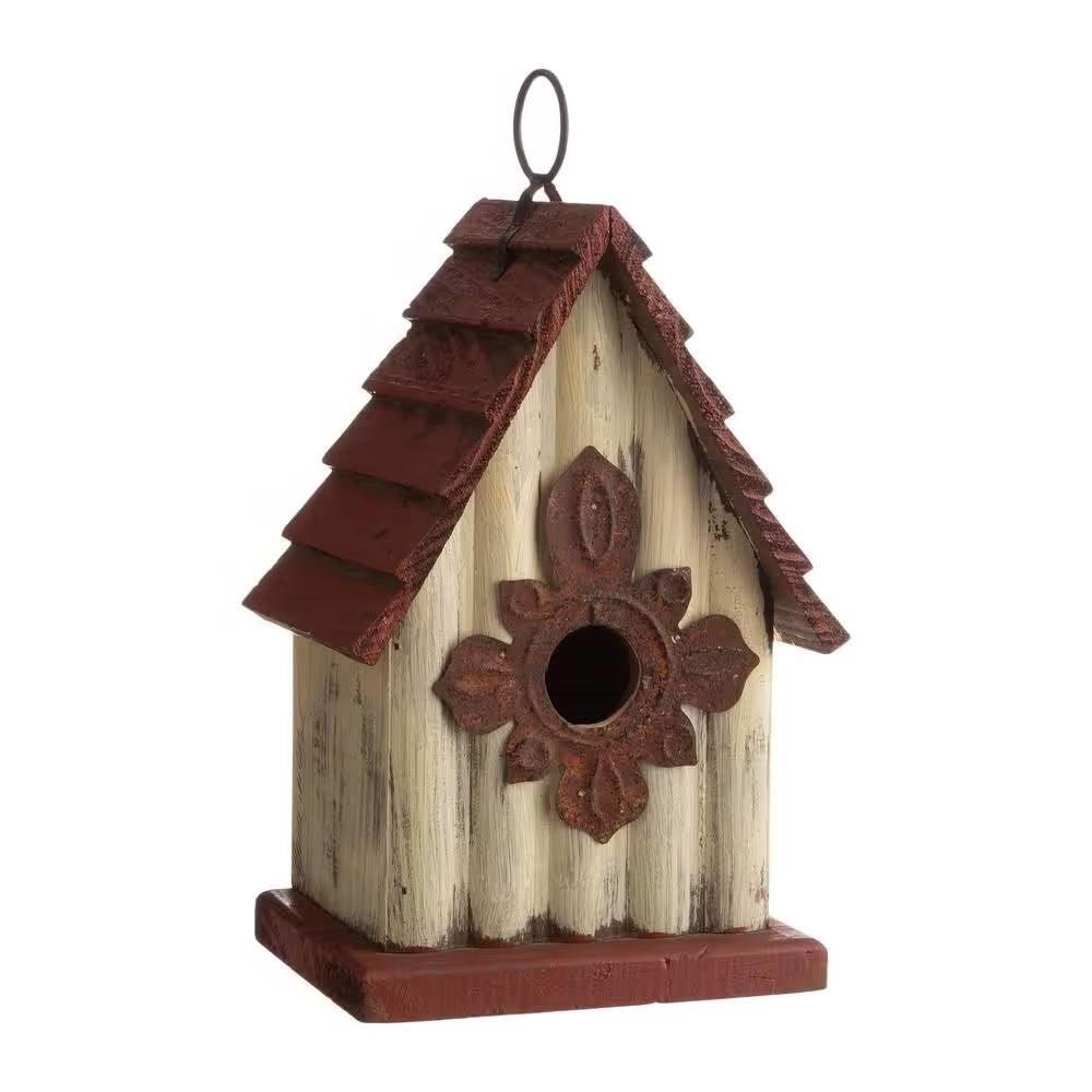 Outdoor A-Frame Solid Wood Bird House with Terracotta Color Slatted Roof - PRHOMZ