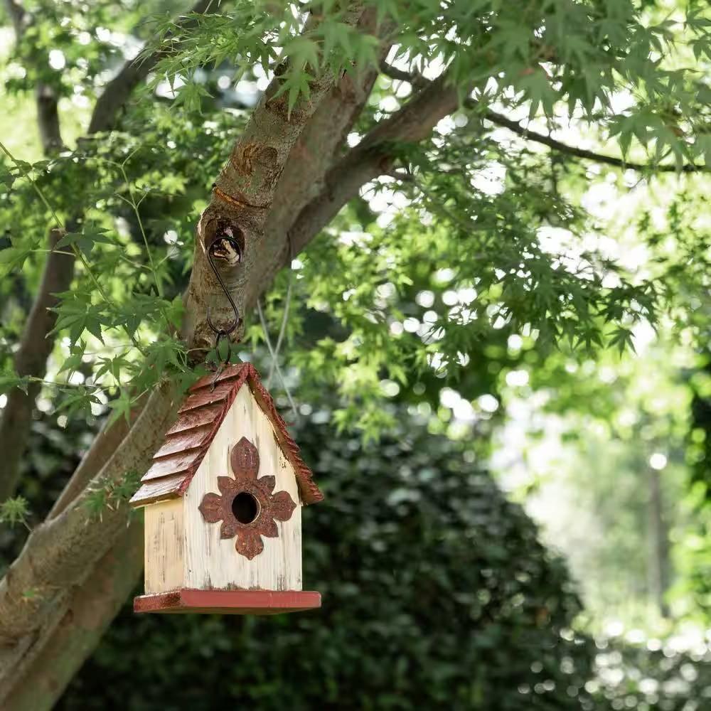 Outdoor A-Frame Solid Wood Bird House with Terracotta Color Slatted Roof - PRHOMZ