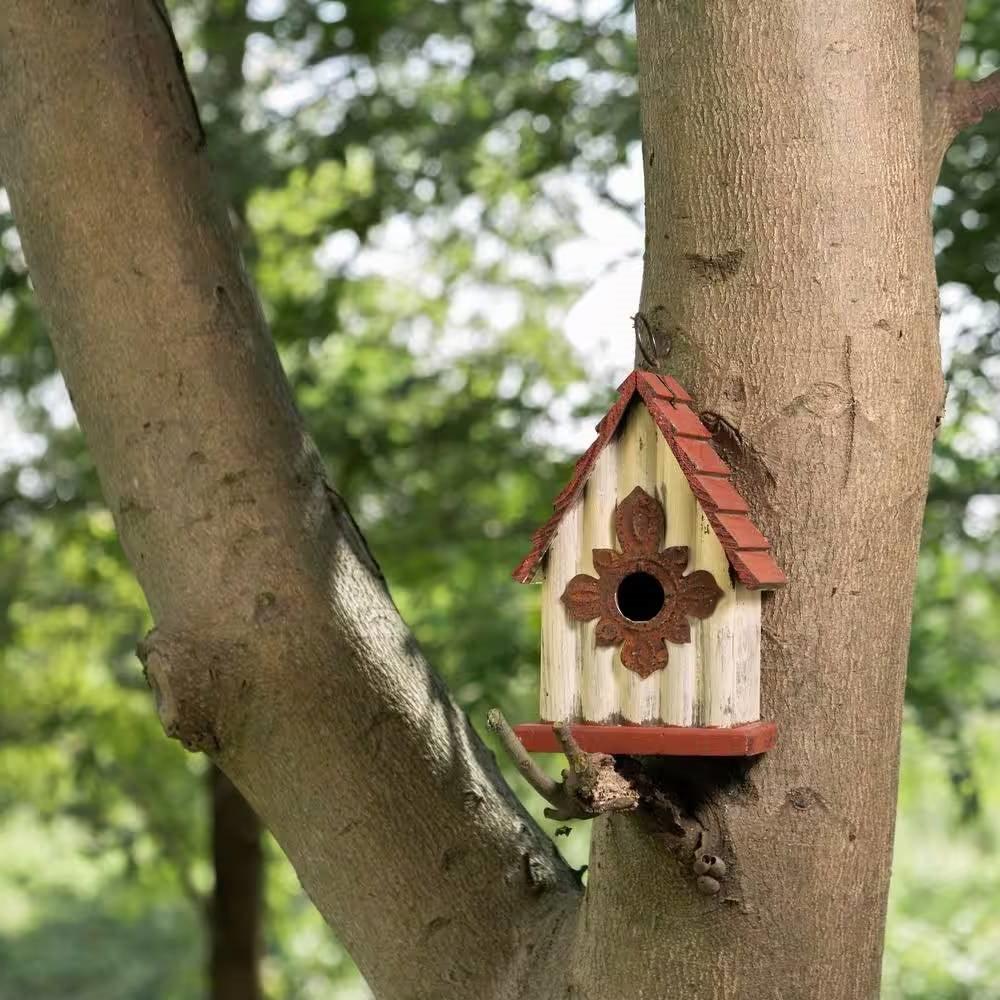 Outdoor A-Frame Solid Wood Bird House with Terracotta Color Slatted Roof - PRHOMZ