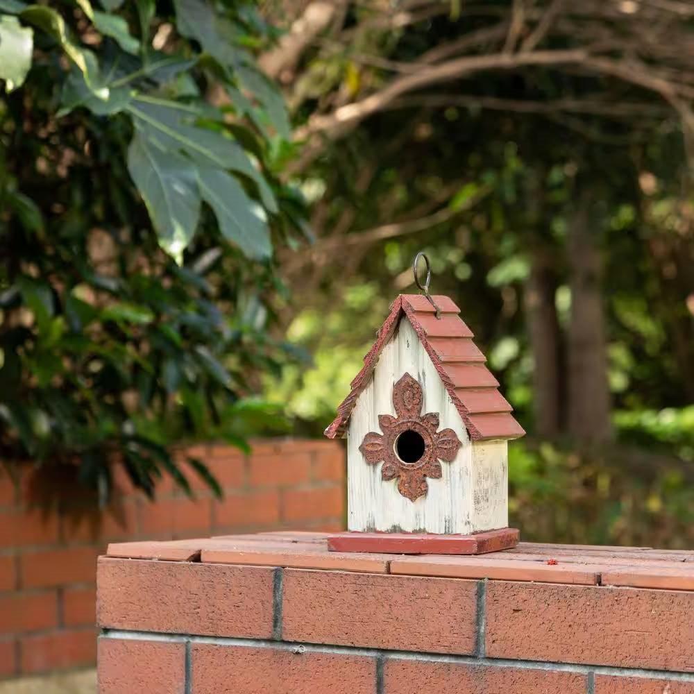 Outdoor A-Frame Solid Wood Bird House with Terracotta Color Slatted Roof - PRHOMZ