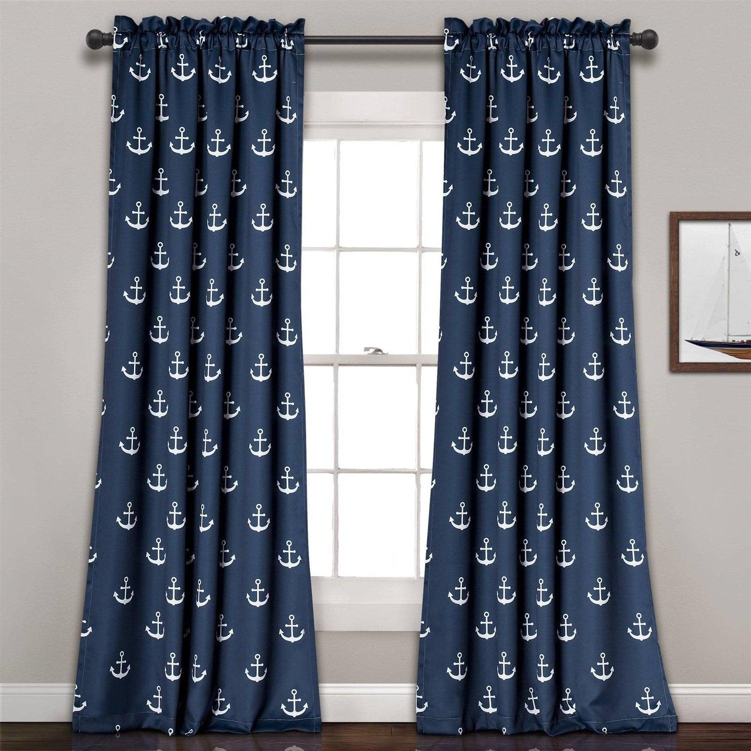 2 Panel 84"L x 52"W Navy Nautical Anchors Window Curtain Set - PRHOMZ
