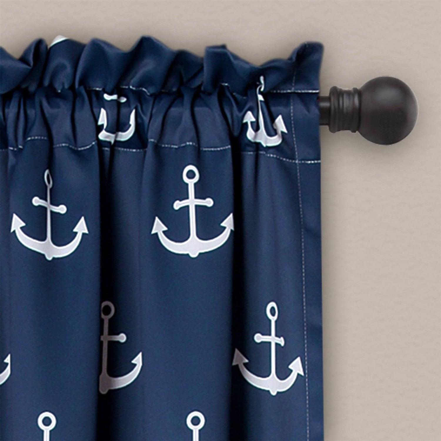 2 Panel 84"L x 52"W Navy Nautical Anchors Window Curtain Set - PRHOMZ