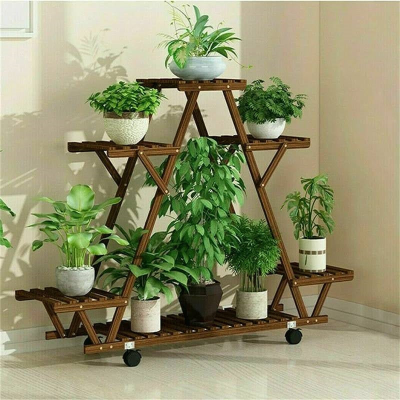 Indoor Outdoor Solid Wood Triangular Multi-Tier Plant Stand with Locking Wheels-2