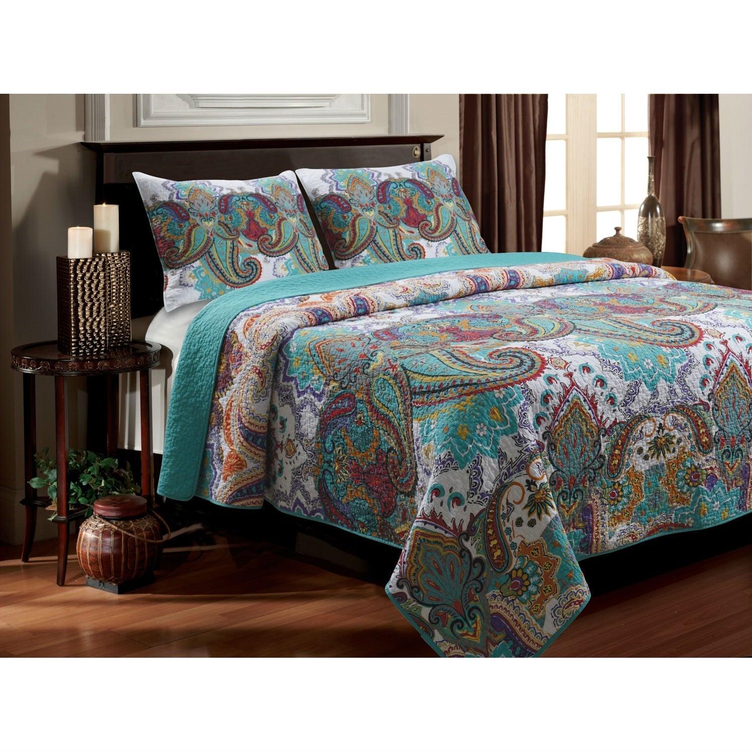 Twin size 3-Piece Cotton Quilt Set in Teal Multi-Color Paisley Pattern - PRHOMZ