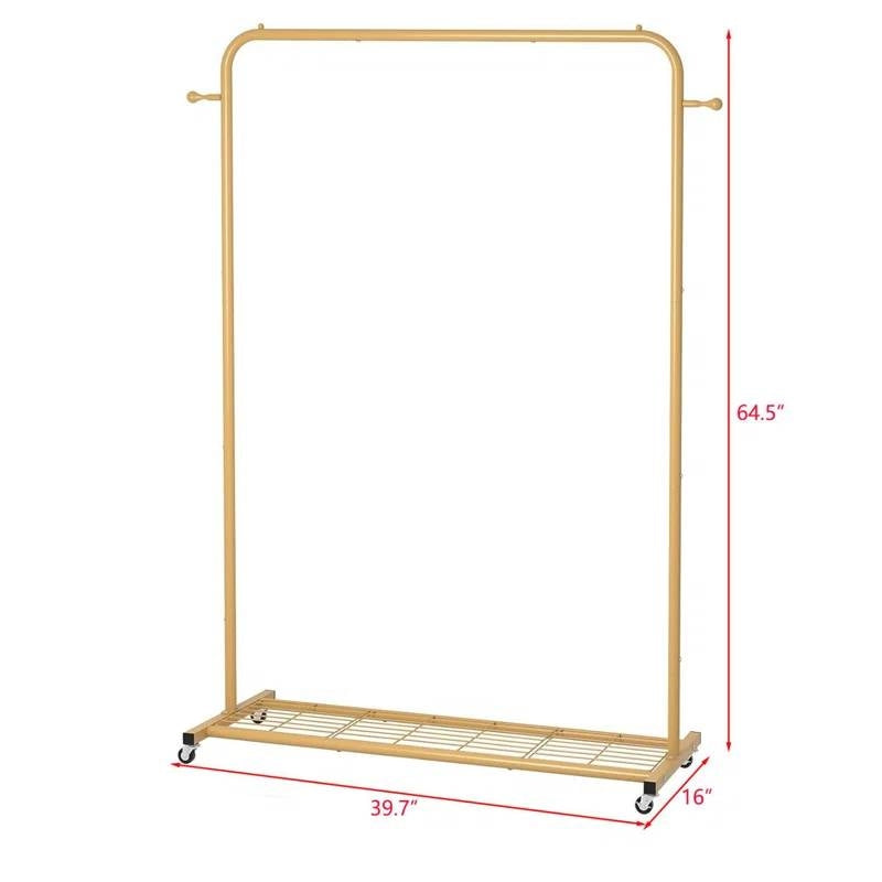 Modern Garment Rack Clothes Hanging Rod with Lockable Wheels in Gold-3