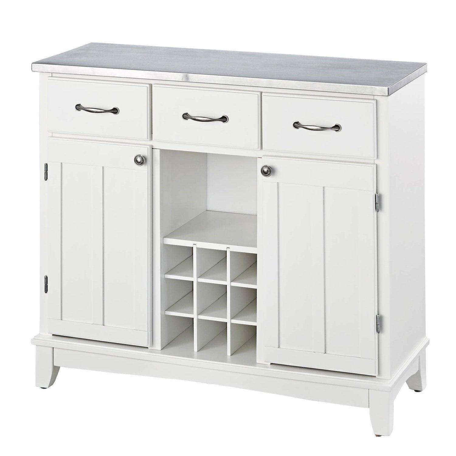 Stainless Steel Top Kitchen Island Sideboard Cabinet Wine Rack in White - PRHOMZ