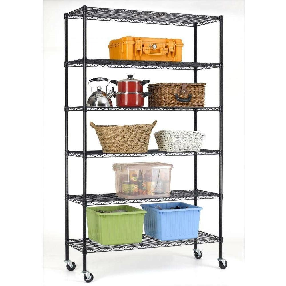 Heavy Duty 6-Shelf Adjustable Metal Shelving Rack with Casters - PRHOMZ