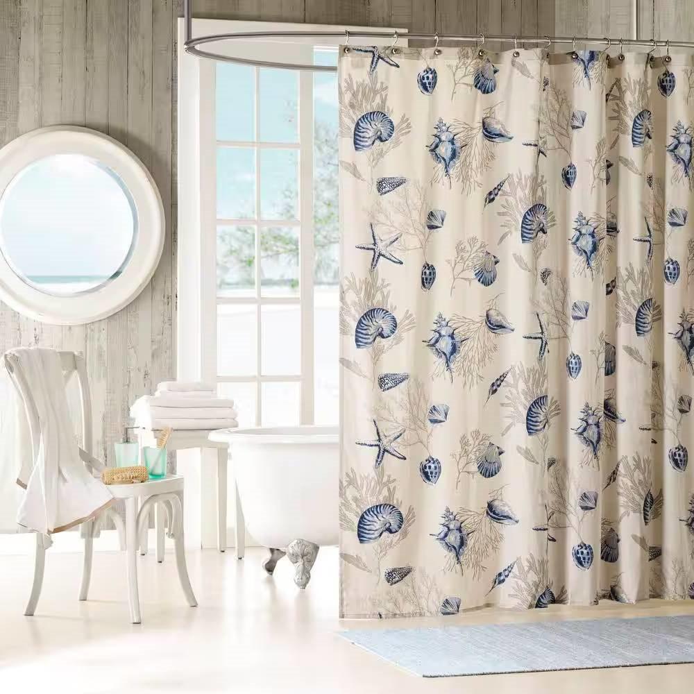 72-in Khaki Beige Cotton Shower Curtain Navy Blue Seashells Coral Coastal Beach - PRHOMZ
