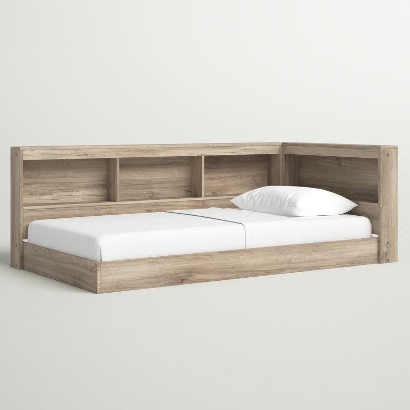 Twin size Natural Wood Corner Storage Bed with Bookcase Headboard and USB Ports-0