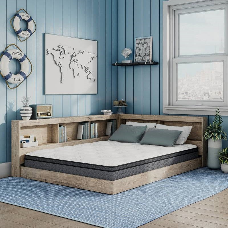 Twin size Natural Wood Corner Storage Bed with Bookcase Headboard and USB Ports