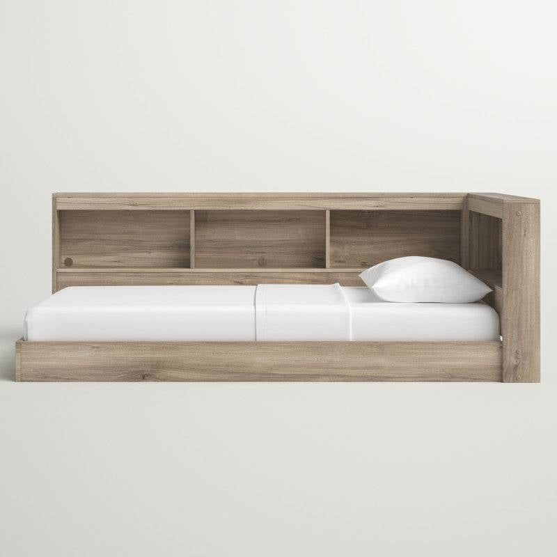 Twin size Natural Wood Corner Storage Bed with Bookcase Headboard and USB Ports-2