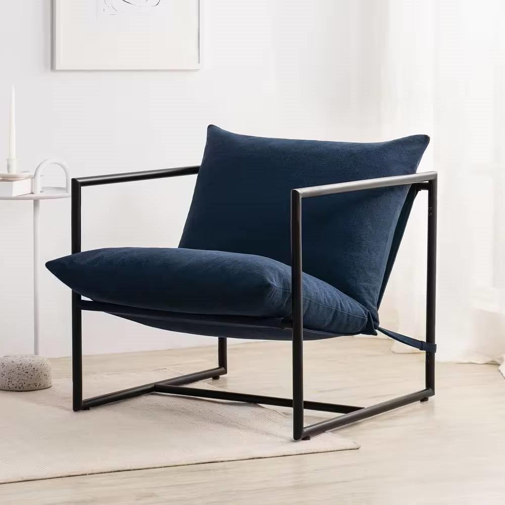 Modern Navy Blue Upholstered Accent Chair with Metal Frame - PRHOMZ