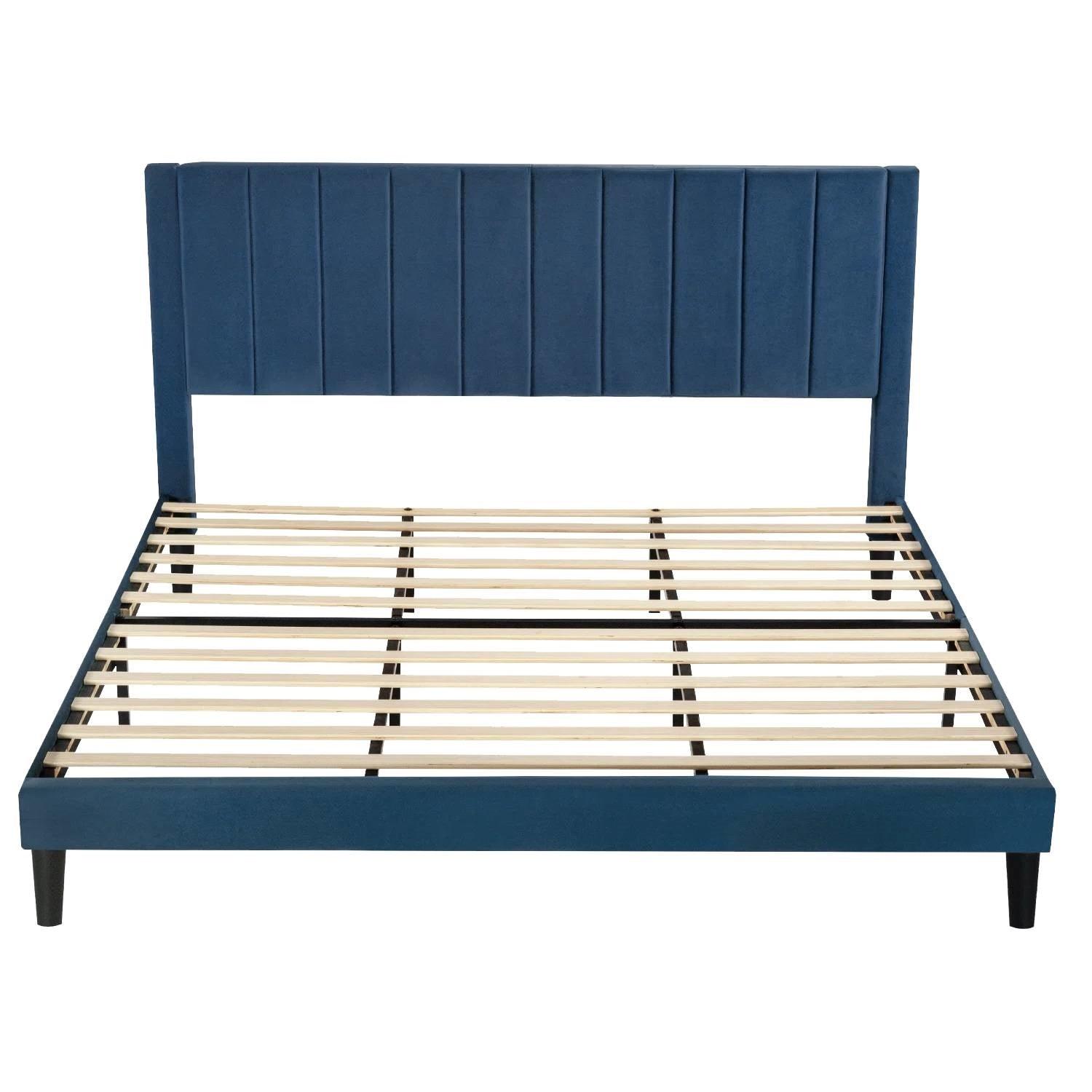 King size Modern Navy Blue Velvet Upholstered Platform Bed with Headboard - PRHOMZ