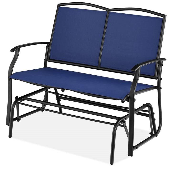 2 Seat Mesh Patio Loveseat Swing Glider Rocker with Armrests in Navy Blue - PRHOMZ