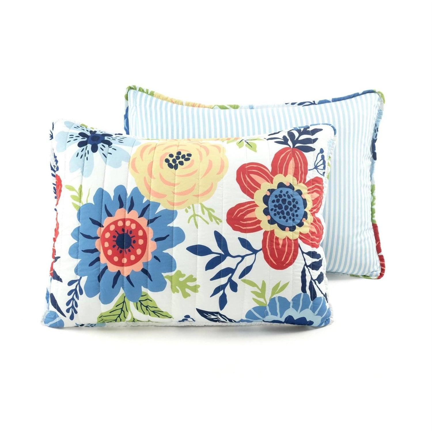 Full/Queen Lightweight Floral Navy Blue Coral White 3-Piece Polyester Quilt Set - PRHOMZ