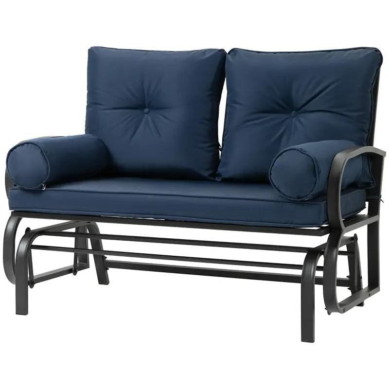 Outdoor Garden Patio Rocking Glider Chair Loveseat with Navy Blue Cushions - PRHOMZ