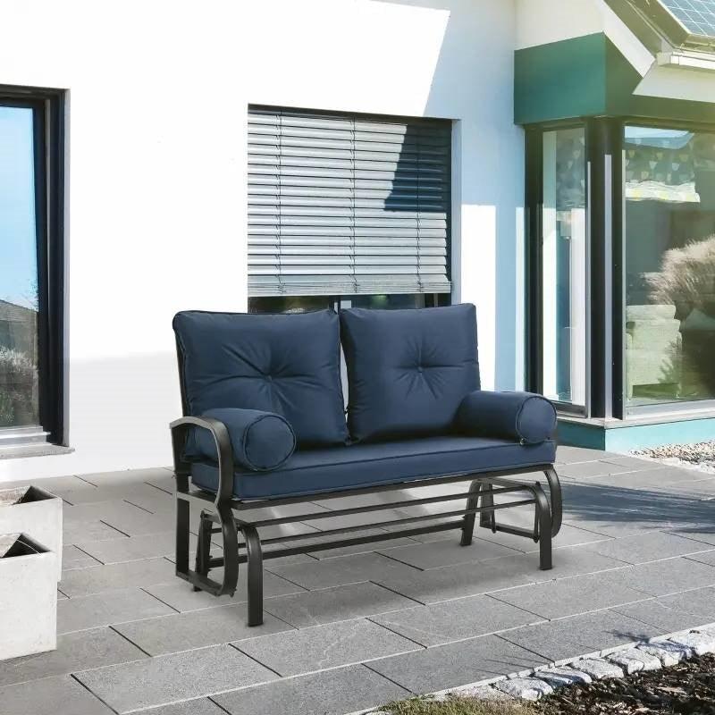 Outdoor Garden Patio Rocking Glider Chair Loveseat with Navy Blue Cushions - PRHOMZ