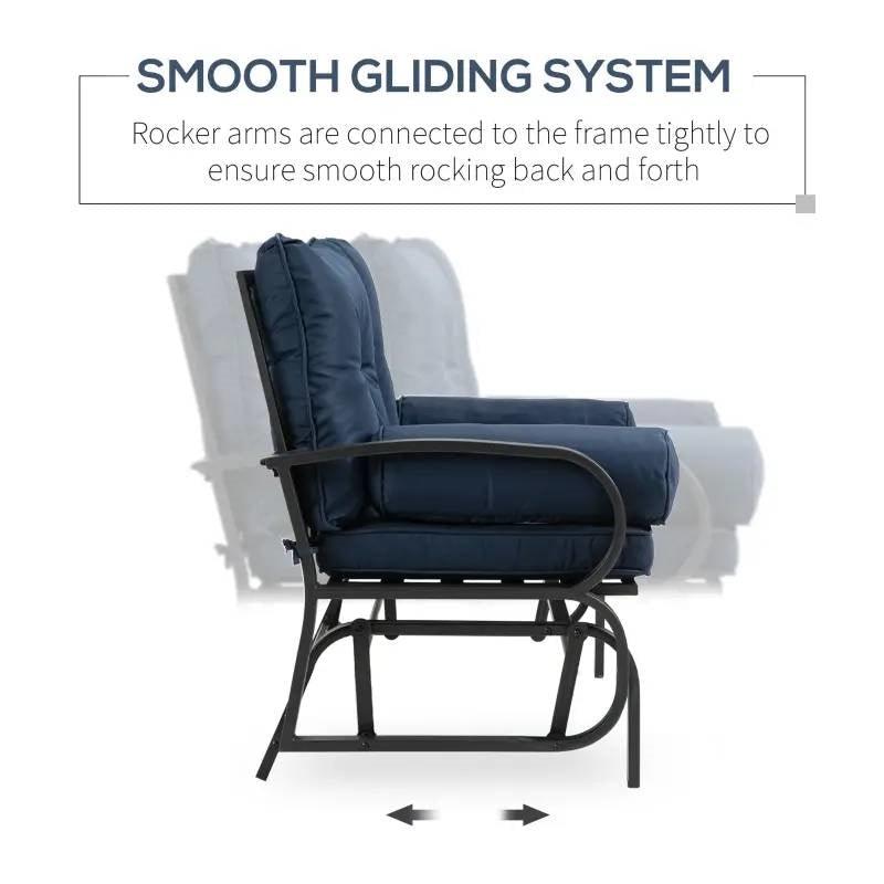 Outdoor Garden Patio Rocking Glider Chair Loveseat with Navy Blue Cushions - PRHOMZ
