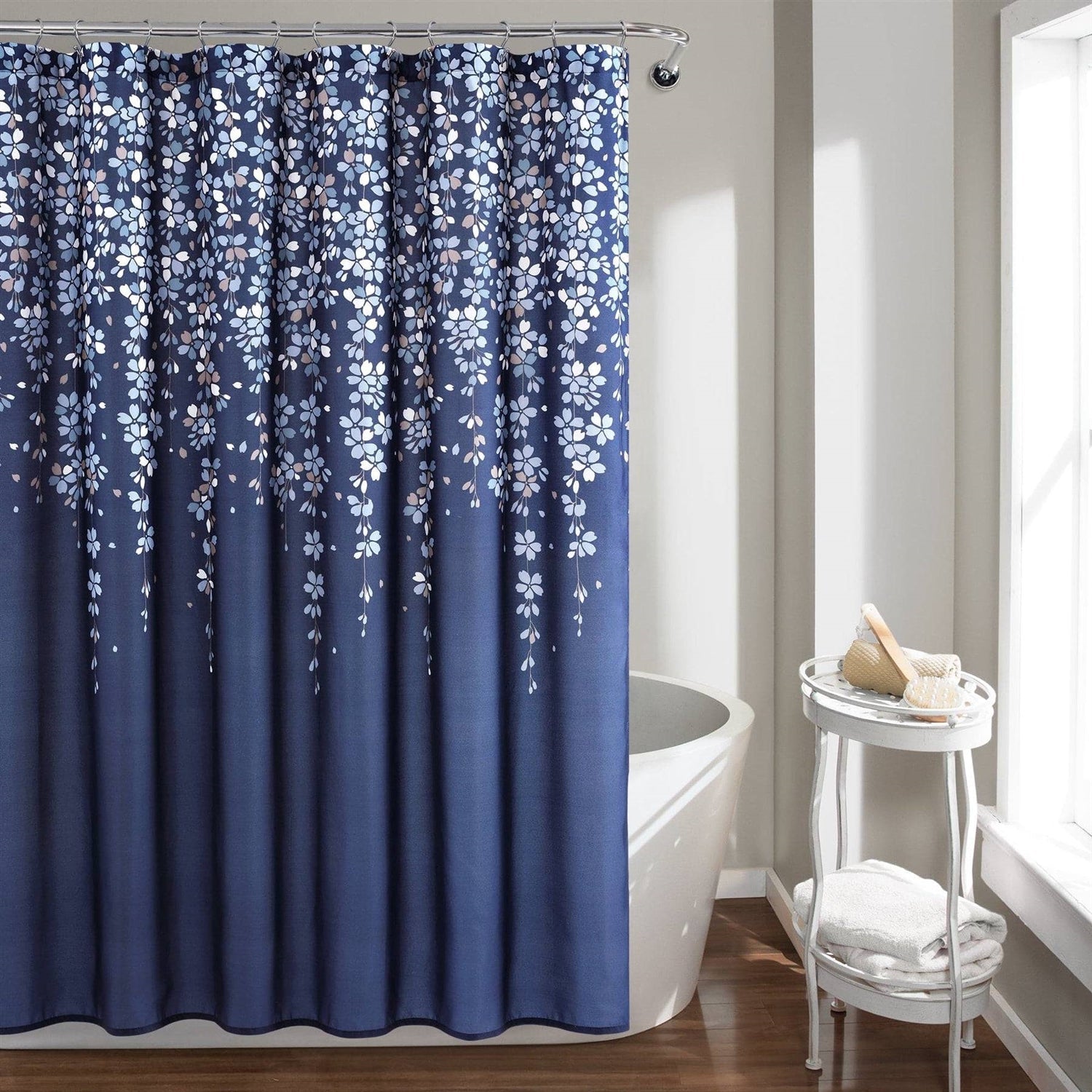 72-inch Navy Light Blue White Floral Vines and Flowers Shower Curtain-1