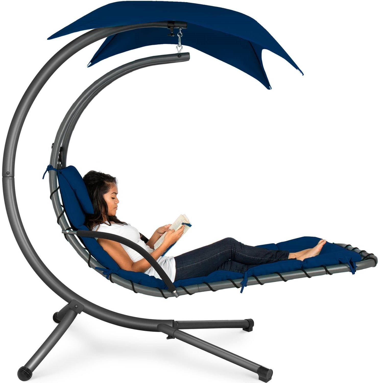 Navy Blue Single Person Sturdy Modern Chaise Lounger Hammock Chair Porch Swing-1