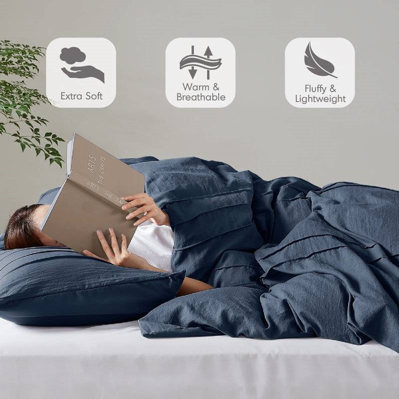 Full/Queen Microfiber Pleated Bohemian style Pre-Washed Comforter Set in Navy-3