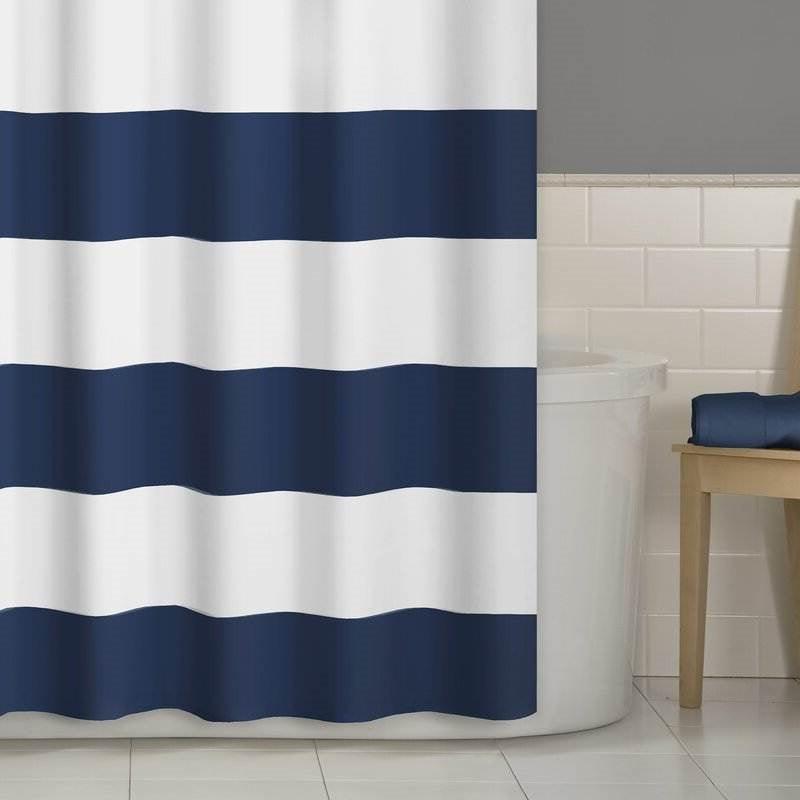 72 x 70 inch Polyester Navy Blue White Nautical Ocean Striped Shower Curtain - PRHOMZ