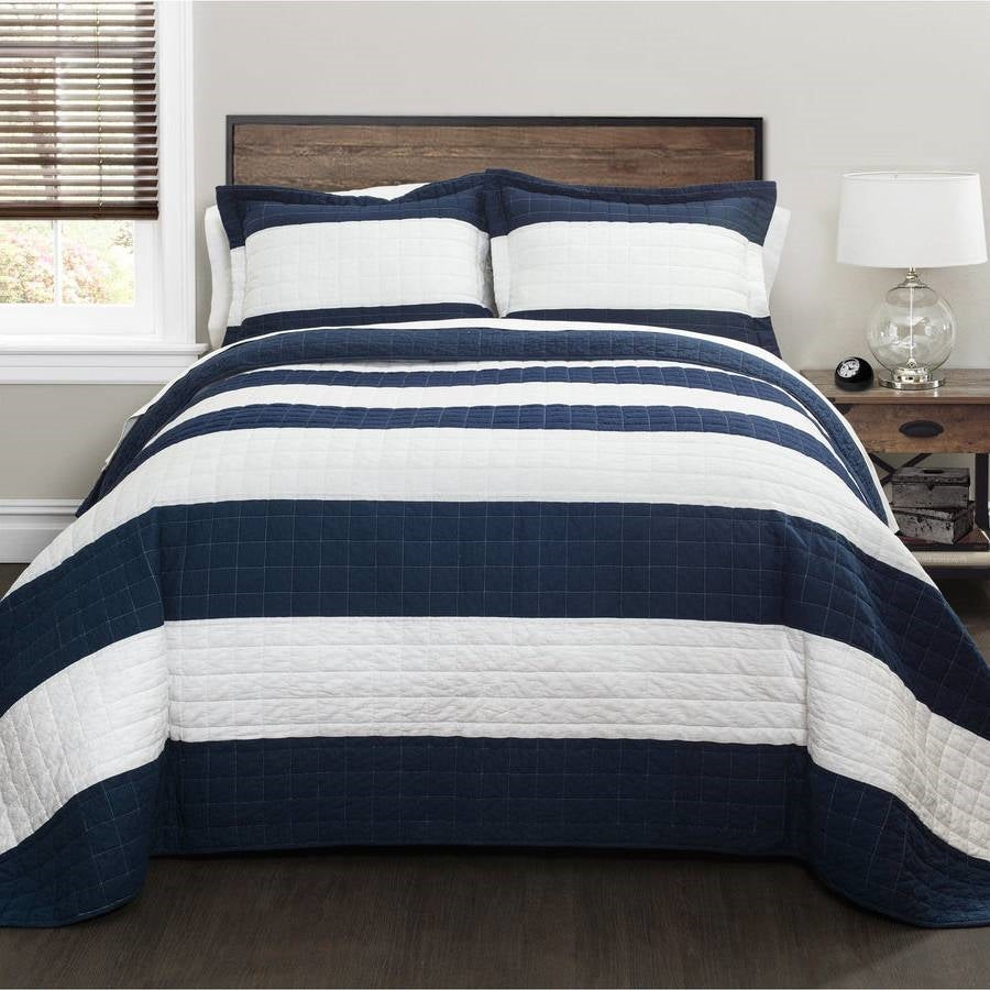 Twin Navy White Stripe 2 Piece Cotton Lightweight Quilt Set-0