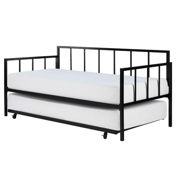 Twin size Heavy Duty Metal Daybed with Roll-Out Trundle Bed - PRHOMZ