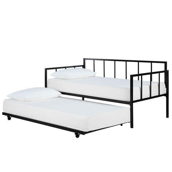 Twin size Heavy Duty Metal Daybed with Roll-Out Trundle Bed - PRHOMZ
