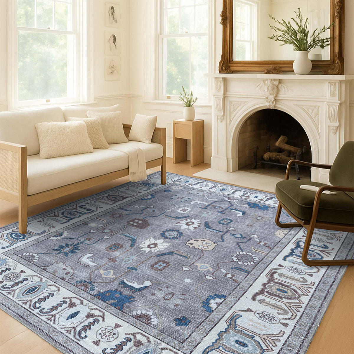 Naila Dark Gray Navy Blue Modern Oushak Rug