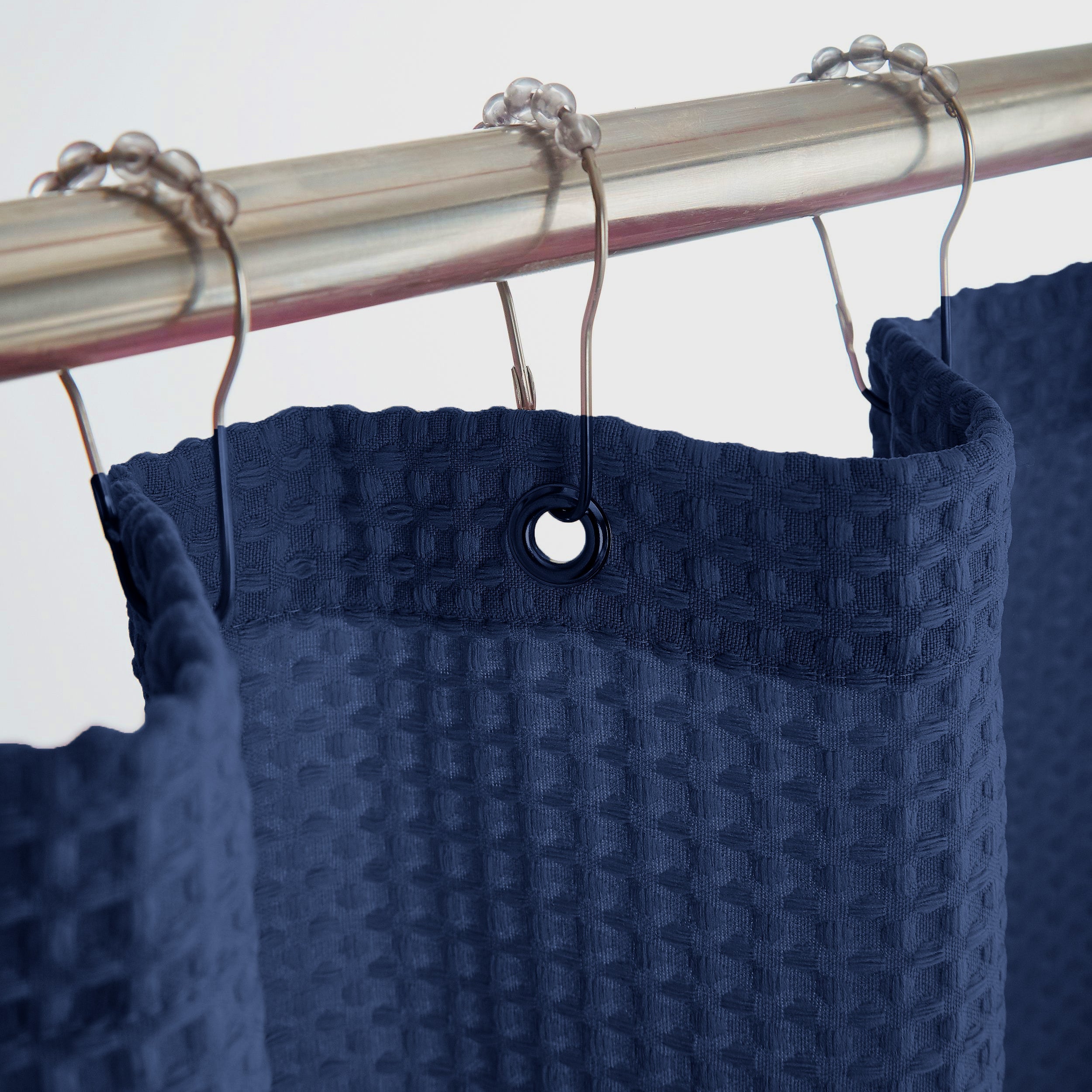 Navy Blue Organic Cotton Waffle Shower Curtain | Mold Resistant | Quick Dry-0